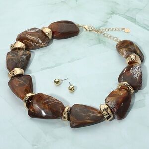 Brown and Gold Chunky Abstract Marbled Stone Beaded Statement Necklace Set